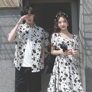 LanFa時尚女裝/情侶裝 女生上衣 女裝短袖 夏季短袖 情侶短袖 小眾玫瑰短袖花襯衫男 ins連衣裙碎花長裙一裙一衣