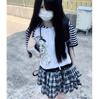 y3k女裝 甜美裝 地雷系 地雷系女裝 y2k 原宿風 日系軟妹條紋連帽小外套夏季短袖亞文化黑白百搭貓耳亞萌