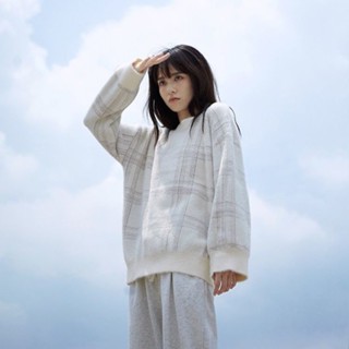 【桃園】正韓仿水貂絨條紋毛衣外套女 韓版秋冬季慵懶寬鬆針織衫 ins風圓領毛毛針織上衣棉質