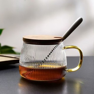 咖啡杯 || 耐熱玻璃茶杯條紋杯帶蓋勺子家用牛奶咖啡杯辦公茶 茶杯 歐式美式杯 陶瓷杯 玻璃杯 馬4.14