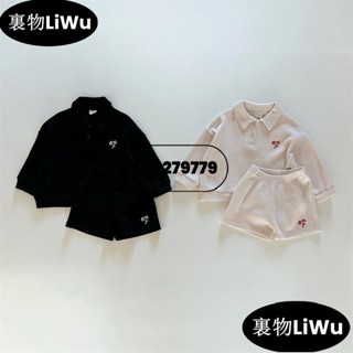 （特惠促銷）ins風春秋季韓國休閒運動童裝 男女童素色直條紋翻領長袖上衣鬆緊腰短褲兩件套 兒童簡約洋氣潮範大學T棉褲套裝