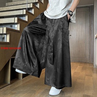 佳佳小鋪國風漢服寬褲男 新中式漢服元素冰絲寬褲 男寬鬆大尺碼龍紋冰絲直筒褲裙 中國風長褲