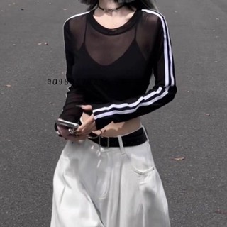 【桃園發貨免運】❥熱賣❥純欲性感網紗拼接條紋微透防曬罩衫夏季辣妹修身顯瘦上衣t恤女ins