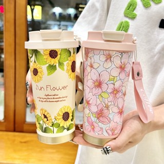 【順順館】500ml創意花朵不銹鋼316保溫瓶帶吸管防漏咖啡茶冷飲汽車保溫瓶不倒翁