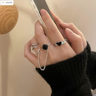 🔥臺灣出貨🔥Ailan✨ins戒指 歐美冷淡風鏈條方鉆戒指套裝組合女ins愛心食指戒時尚個性指環潮