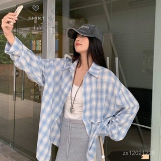 LanFa時尚女裝/春秋外套女 長袖外套 百搭外套 寬鬆 新款 藍色格子防曬襯衫女春季慵懶風休閒寬鬆長袖襯衣設計感外套
