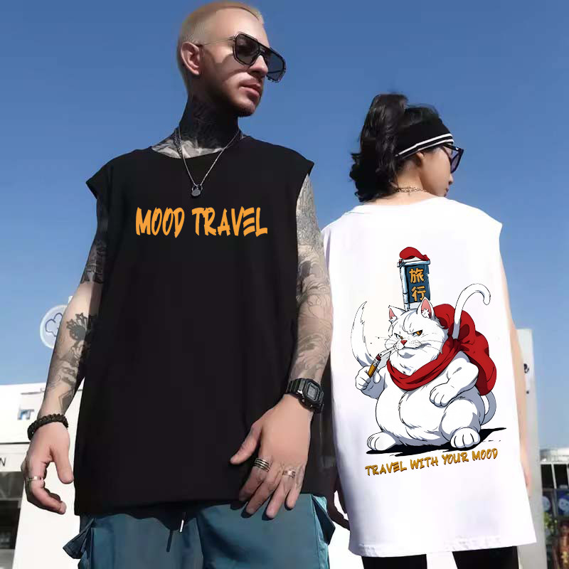 新款 ins 潮牌 街頭風 無袖貓咪印花t恤 背心男 情侶坎肩 坦克上衣 男生大碼 衣服 坎肩汗背心男（DB2152）