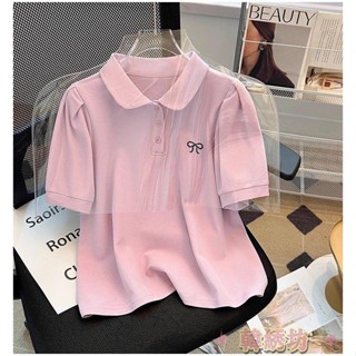 白色polo衫女t恤短袖小個子顯瘦寬松運動休閑刺繡正肩泡泡袖上衣 韓版上衣 短袖上衣 顯瘦上衣 大尺碼女裝 短袖T恤