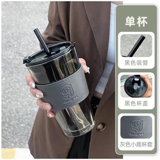 桃園出貨🔥小鹿玻璃杯ins高顔值輕奢吸管杯便攜學生女情侶大容量杯子咖啡杯 ZRAF
