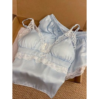 美樂小鋪 冰絲睡衣 女生睡衣 居家服 睡衣女 居家睡衣 睡衣 新款短褲居家服法式時尚少女蕾絲花邊吊帶睡衣女大碼兩件套裝