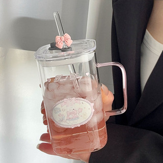 卡通玻璃杯 高顏值方形牛奶杯子 把手吸管水杯 簡約方杯