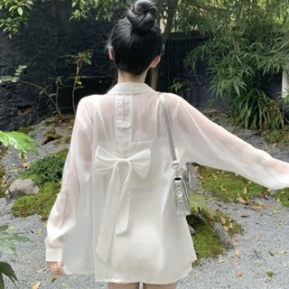 免運🌸法式溫柔風防曬衣 後背蝴蝶結襯衫 設計小眾上衣 POLO領襯衫 海邊度假防曬襯衫女 秋冬長袖襯衫 女生襯衫 外搭