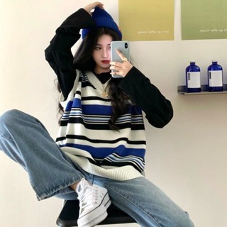 Good✨【兩件套裝】春秋日係條紋針織馬甲女外穿韓版寬鬆學生背心+T恤潮