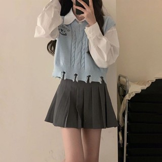 Tianx✨春秋新款女裝套裝學院風針織馬甲背心疊穿襯衫上衣百褶短裙三件套