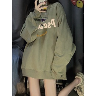 Luxi❤純棉美式複古綠色圓領oversize衛衣女春秋2023新款長袖上衣高階感