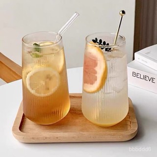 📍月銷量破萬📍夏季條紋高硼矽玻璃冷飲杯 大容量牛奶早餐杯 透明玻璃果汁單層杯便攜 外出 隨行 保溫 大容量家用