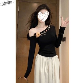 洋氣時尚性感辣妹斜長袖T恤女秋季新款設計感字母印花修身顯瘦打底上衣網紅新款s636333