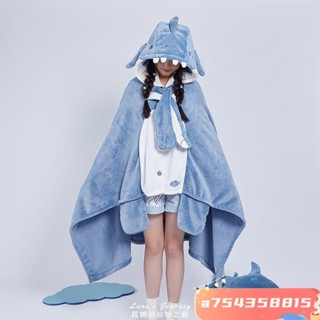 y鬥篷毯 披肩毯 懶人披風 午睡毯 鬥篷袖毯 卡通鯊魚毛毯珊瑚絨睡衣女鼕季新款披肩鬥篷式連帽長袖睡袍居傢服 5