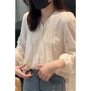 【時光牋精品女裝】設計感小眾蕾絲長袖襯衫春秋裝女 2024年新款刺繡小衫打底衫女 法式上衣上長袖女 傳統複古上衣長袖女上