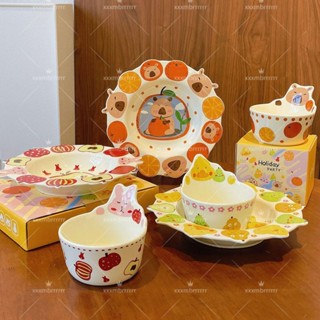 ins可愛卡通卡皮巴拉蘋果兔子釉下彩陶瓷盤子兒童吃飯碗家用餐具