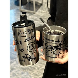 吸管保溫杯 保溫瓶 隨行杯 吸管杯 玻璃水瓶 水杯 水壺 ins風 運動水壺工業風保溫杯男生大容量家用吸管咖啡杯304不