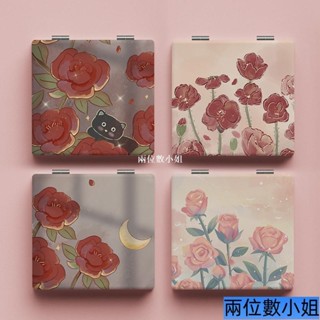 插畵玫瑰小鏡子複古化妝鏡隨身便攜折疊鏡雙麵圖案學生宿捨桌麵鏡