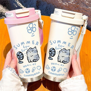 LEBETE夏日小貓精鑄不銹鋼咖啡杯 學生上班族戶外車載便攜式保溫杯 隨身杯 隨行杯 吸管杯 咖啡保溫杯 不鏽鋼杯