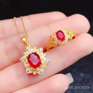 💎金福源珠寶💎古風沙金戒指鑲嵌紅寶石戒指女活口高貴紅寶石吊墜項鏈套裝送媽媽 珠寶 首飾 飾品 沙金 銀飾 套裝