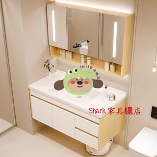 Shark傢俱/【高畫質美顔鏡】簡約陶瓷一體盆實木浴室櫃組閤小戶型衛生間洗漱臺洗臉池洗手盆櫃
