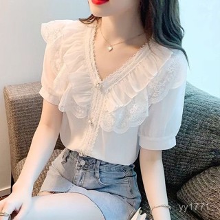 紅紅時尚女裝店⭐ 臺灣出貨【1436人收藏】2025夏季新款甜美氣質蕾絲荷葉邊襯衣v領短袖雪紡襯衫洋氣上衣女