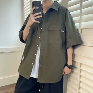 臺灣出貨 M-8XL 夏季五分袖 男裝翻領短袖襯衫 男士 寬鬆 大碼 半袖 襯衫外套日係工裝襯衣男 短袖襯衫 短版襯衫