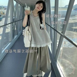 蝸居生活館🔆洋裝 上衣 裙子 夏季爆款 女套裝夏季韓係複古格子花領口兩件無袖上衣搭配闊腿梨形長褲女裝