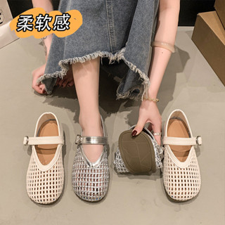 [💕免運實拍] 女鞋 拖鞋 一字拖 涼拖鞋鏤空漁網鈎編一字帶單鞋女新圓頭平底芭蕾舞鞋編織瑪麗珍