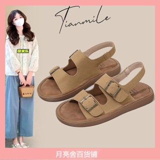 磨砂真皮涼鞋女夏平底2024新款韓版復古仙女風學生露趾羅馬鞋 涼拖鞋 涼鞋女 厚底涼鞋 女生涼鞋