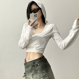 【四季服飾】優質韓版素色緊身露肚時尚V領連帽長袖T恤薄款微透性感防曬衣長袖帽t女生露肚短板上衣小個子洋氣罩衫素色素面