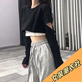 【限時特賣】女生長袖上衣 新款港風假兩件長袖T恤女高腰露臍短款打底寬鬆ins學生上衣潮流女裝fsdl