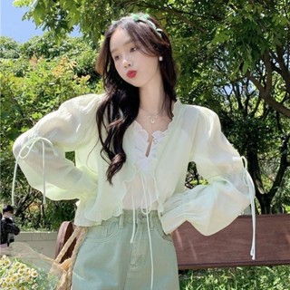 甜美花邊短款襯衫女 夏季上衣 設計感 係帶薄款長袖防曬衫 薄紗襯衫 薄款法式 防曬罩衫襯衫 長袖襯衫 外套 女生襯衫 女