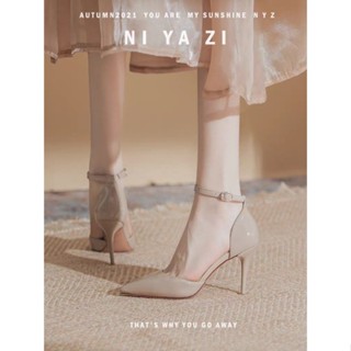 裸色漆皮跟鞋 一字扣漆皮單鞋女春夏中空裸色工作 新款百搭尖頭細跟鞋高跟鞋