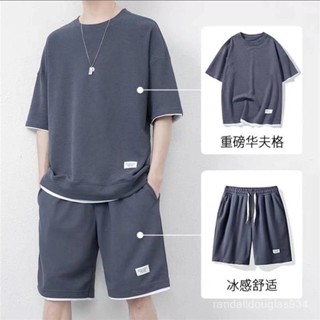 【限時下殺】加大碼 運動服夏季華夫格短袖冰絲 男士運動休閒大碼套裝 運動速乾衣 運動上衣 冰絲速乾衣薄款短T 男生短袖