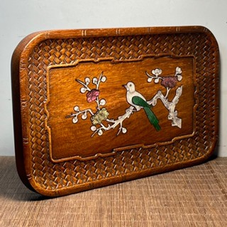 仿古花梨木茶盤鑲貝殼長方形茶盤家用圖案隨機30x18x2.5cm
