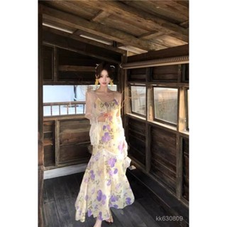 QB 精選洋裝 度假風 名媛女裝 禦姐風蕾絲拚接碎花吊帶連衣裙套裝女夏鏤空防曬開衫上衣氣質長裙