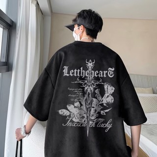 韓版麂皮絨短袖t恤 高品質男女生同款上衣 美式復古印花T恤 寬鬆加大碼oversize短tee 夏季衣服（HJ186）