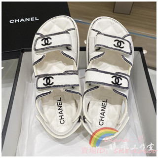 正品現貨 CHANEL 香奈兒 23P新款 白色黑邊 漫畫線條 魔術貼 女生涼鞋 仙女涼拖鞋