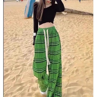 喜約時裝女裝店⭐臺灣出貨冰絲高腰垂感綠色格子闊腿褲女2025年夏季新款寬鬆顯瘦百搭休閒褲
