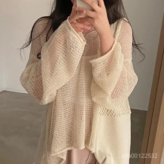 ✨爆款促銷✨韓國新款 長袖針織鏤空罩衫 防曬罩衫 慵懶風 寬鬆罩衫上衣 設計感 針織上衣 針織衫 透膚上衣 薄長袖上衣女