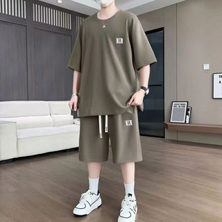 ‍【日子】男生套裝 華夫格男士短袖套裝 韓式青年T恤 上衣和鬆緊腰短褲 兩件式套裝 夏季透氣運動 套裝男