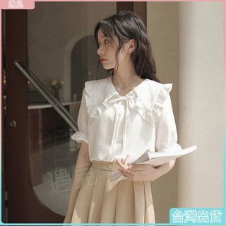台灣熱銷🍓女士短袖雪紡襯衫女裝夏裝新款潮夏季薄款上衣服荷葉邊襯衫洋裝韓風女裝設計感女裝專櫃女裝襯衫
