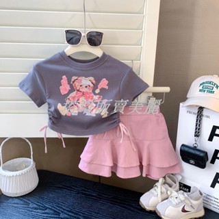 [塔塔·販賣美麗、夏季必備]90140CM 女童 卡通休閒套裝 夏款 新款 時尚 洋氣 短袖上衣 半身裙 兩件套