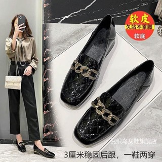 真軟皮單鞋新款2024春節漆皮亮麵粗跟低跟時尚軟底軟麵樂福鞋女鞋超實惠