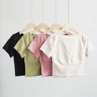 【全網最低價】現貨 帶胸墊短袖圓領瑜伽服上衣女夏季修身短款健身衣跑步運動T恤